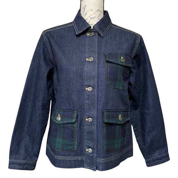 Pendleton Denim Jacket Women’s Size S Dark Blue With Wool Plaid Pockets ALTERED - Picture 1 of 11